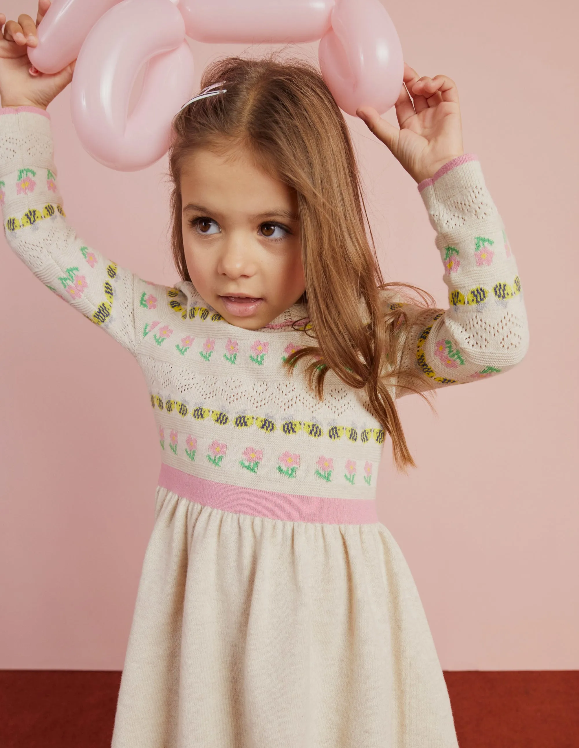 Flower Pointelle Knit Dress-Ecru Marl