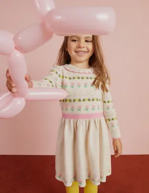 Flower Pointelle Knit Dress-Ecru Marl