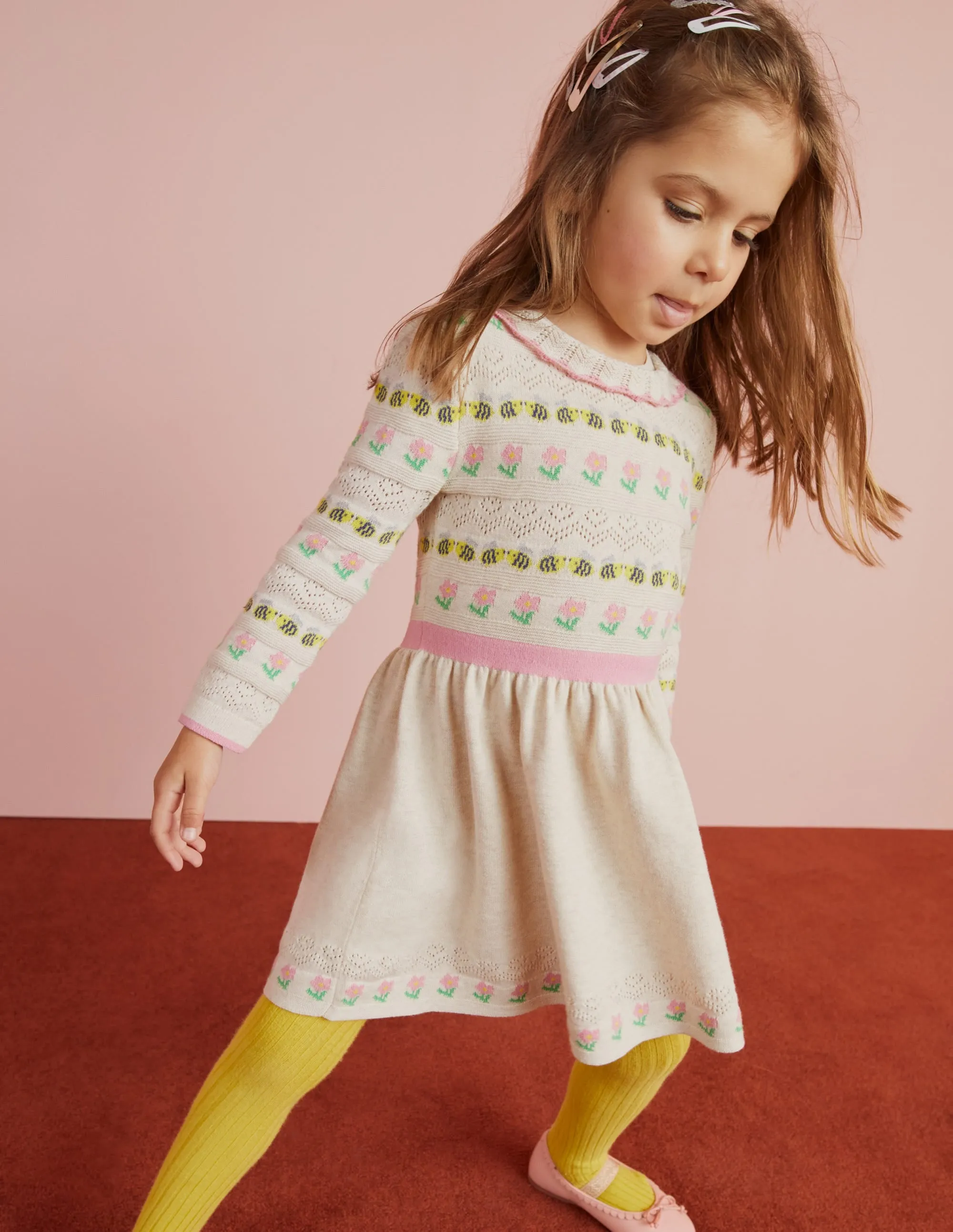 Flower Pointelle Knit Dress-Ecru Marl