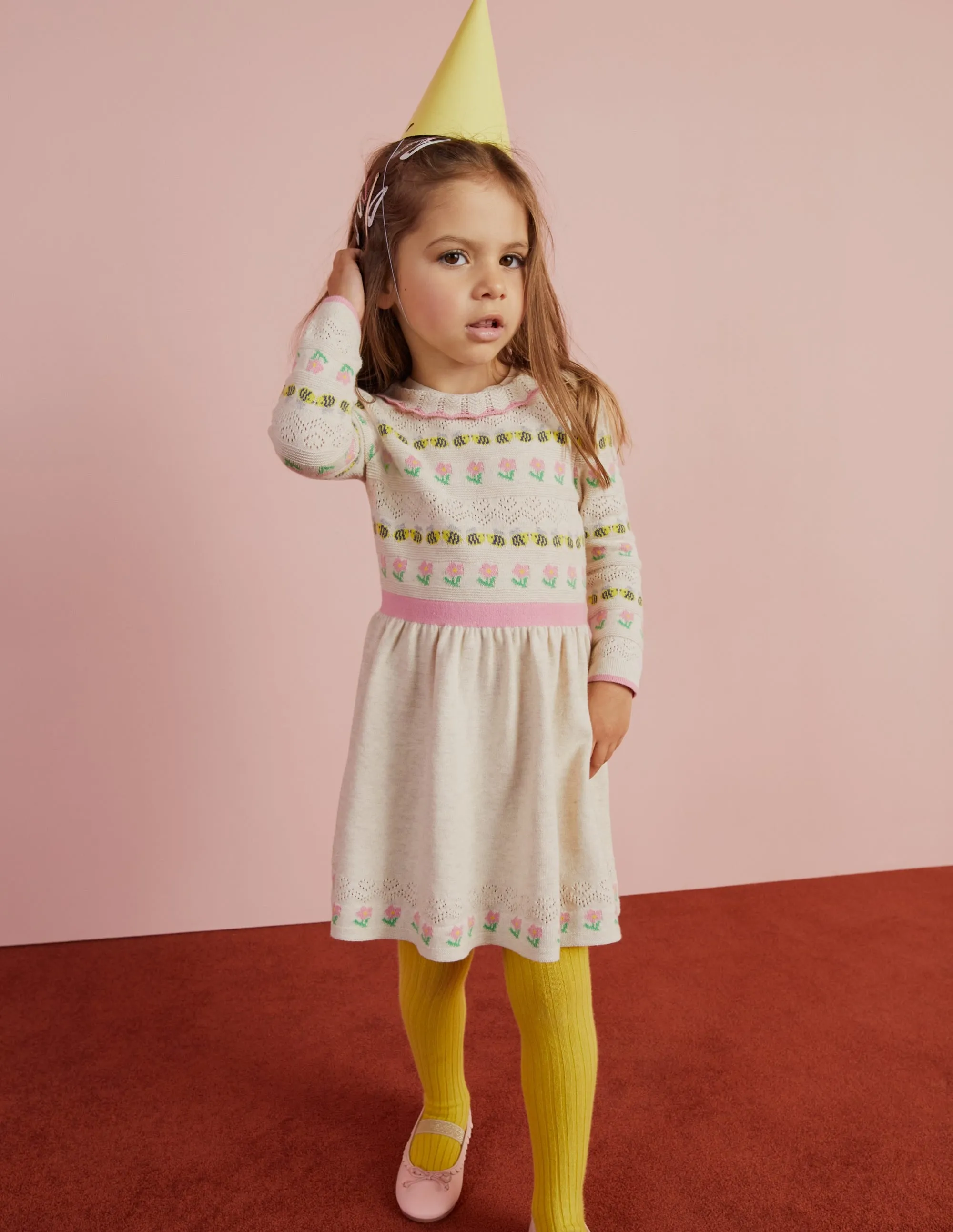 Flower Pointelle Knit Dress-Ecru Marl