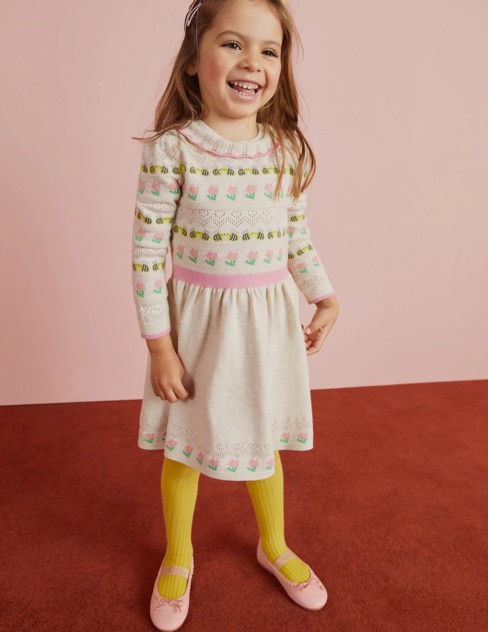 Flower Pointelle Knit Dress-Ecru Marl