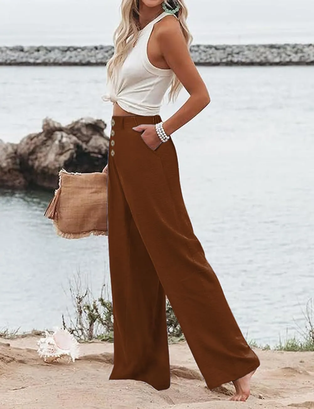 High Waisted Palazzo Wide Leg Flowy Dressy Pants for Women Business Casual Trousers with Pockets