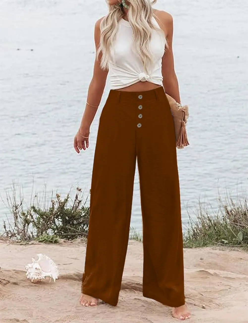 High Waisted Palazzo Wide Leg Flowy Dressy Pants for Women Business Casual Trousers with Pockets