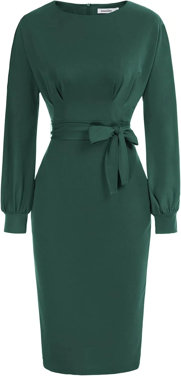 JASAMBAC Women's Bodycon Pencil Dress Office Wear to Work Dresses with Pocket Belt