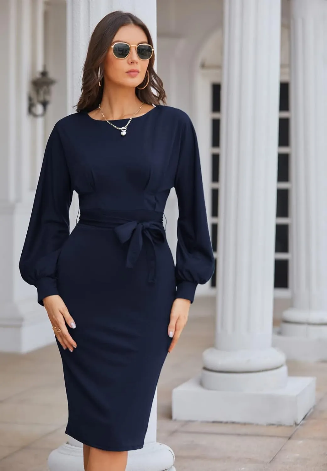 JASAMBAC Women's Bodycon Pencil Dress Office Wear to Work Dresses with Pocket Belt