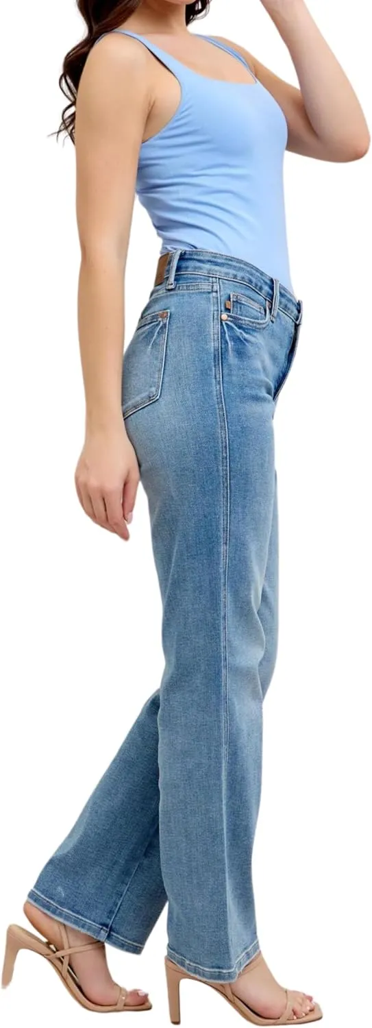 Judy Blue Mid Rise Tummy Control Vintage Wash Straight Jeans, Inseam 31"