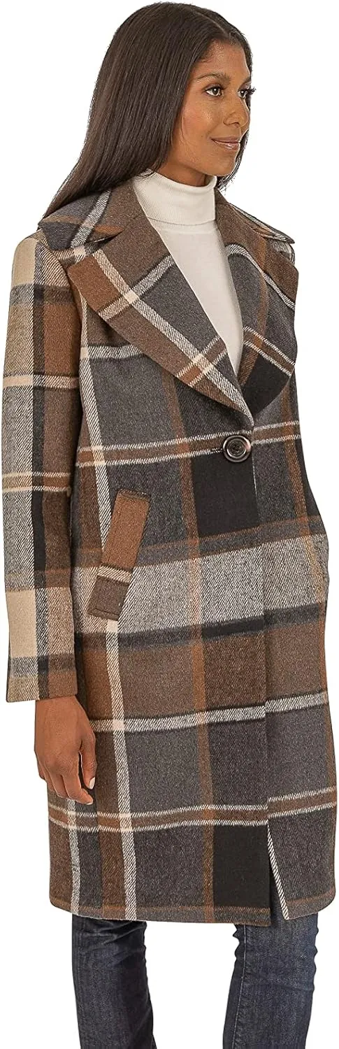 kensie Women's Brushed Plaid Single Breasted Wool Blend Coat