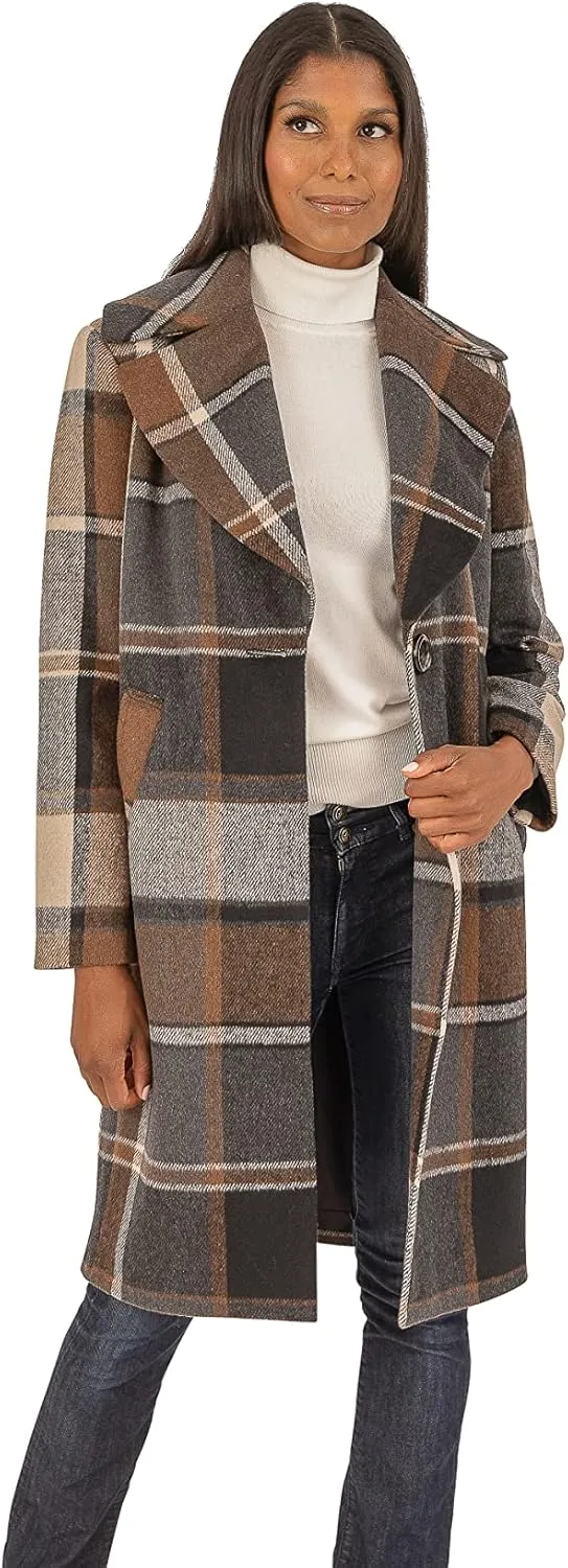 kensie Women's Brushed Plaid Single Breasted Wool Blend Coat