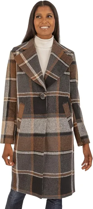 kensie Women's Brushed Plaid Single Breasted Wool Blend Coat