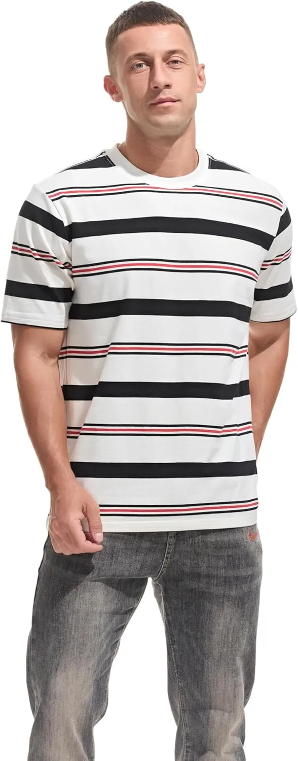 KLIEGOU Men's Fashion Loose Fit Crewneck Stripe T-Shirt