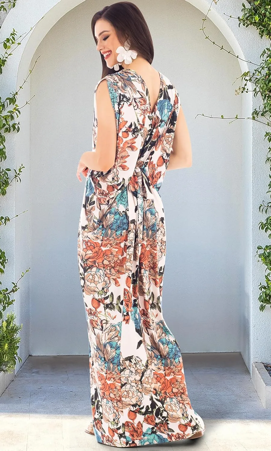 KOH KOH Womens Long V-Neck Summer Sexy Gown Grecian Flowy Sleeveless Maxi Dress