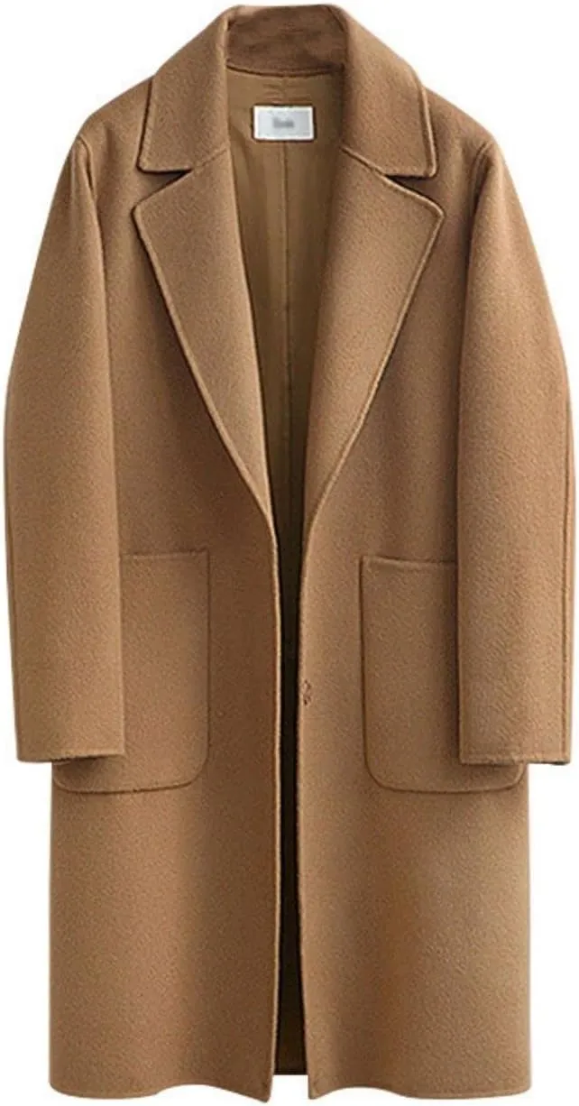 Kwoki Women's Long Wool Blend Pea Coat Casual Notch Lapel Single Breasted Trench Overcoat