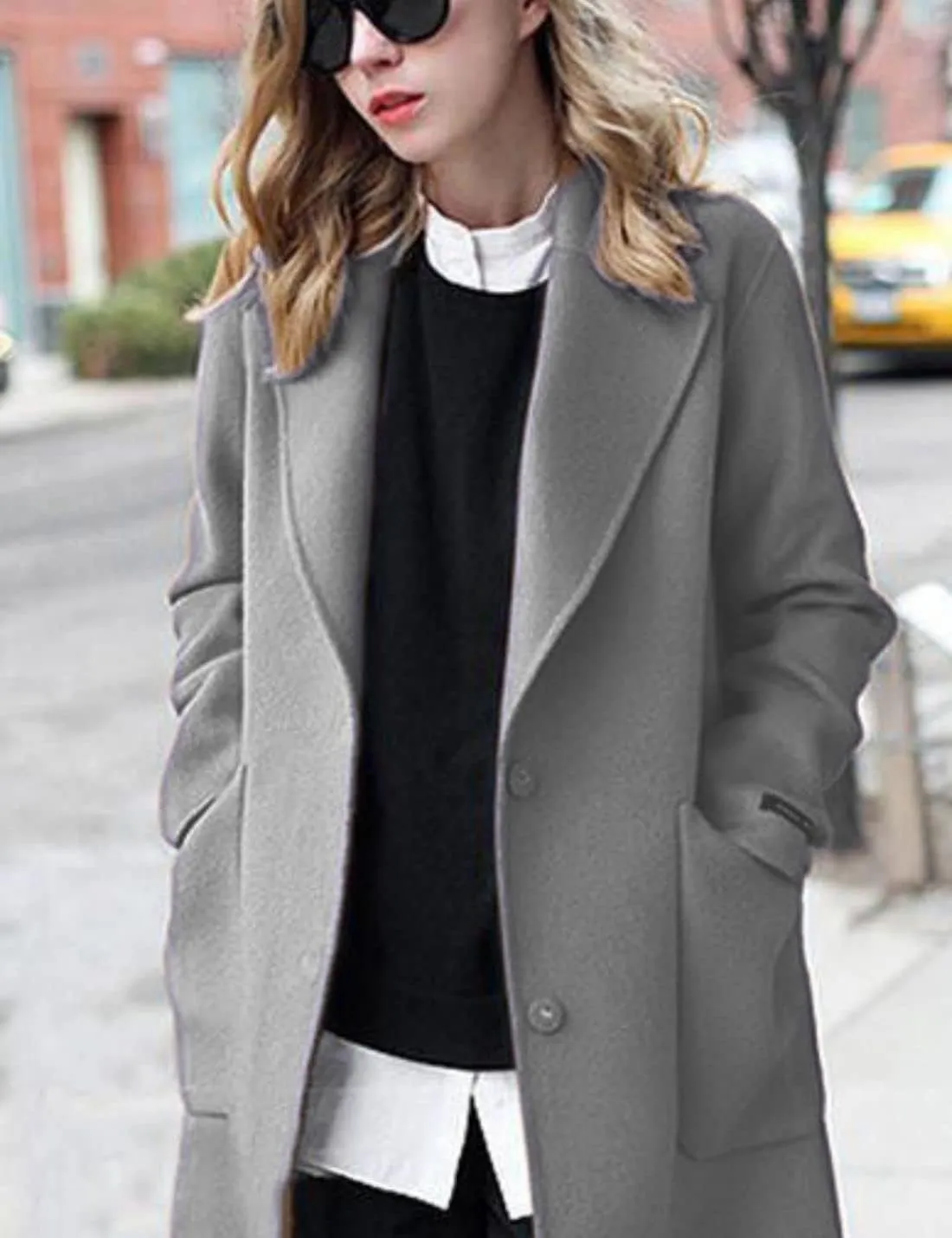 Kwoki Women's Long Wool Blend Pea Coat Casual Notch Lapel Single Breasted Trench Overcoat