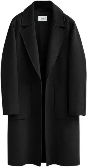 Kwoki Women's Long Wool Blend Pea Coat Casual Notch Lapel Single Breasted Trench Overcoat