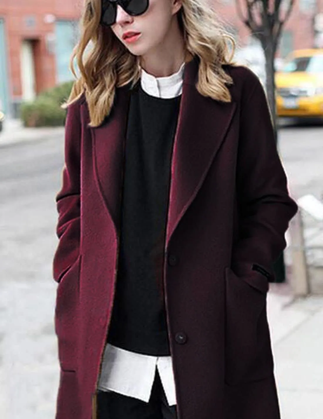 Kwoki Women's Long Wool Blend Pea Coat Casual Notch Lapel Single Breasted Trench Overcoat