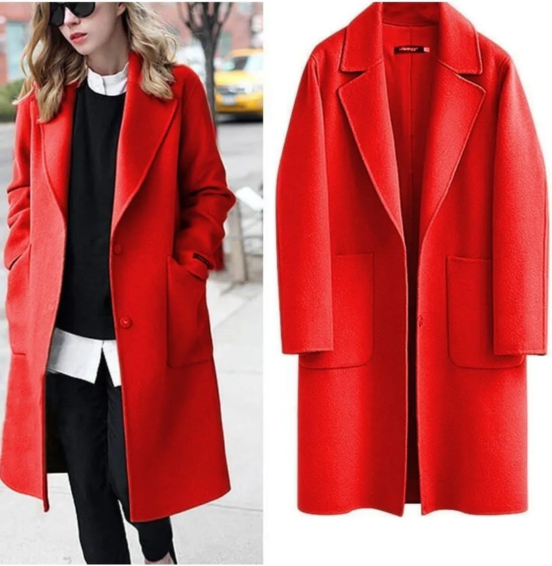 Kwoki Women's Long Wool Blend Pea Coat Casual Notch Lapel Single Breasted Trench Overcoat