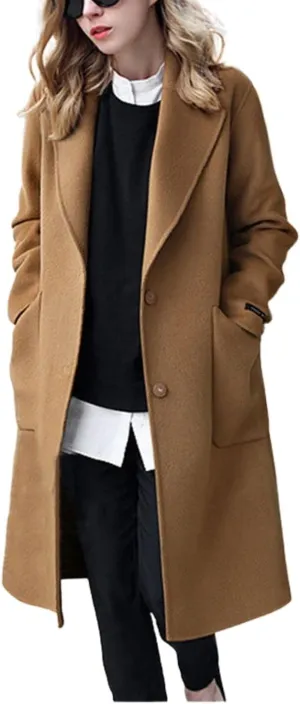 Kwoki Women's Long Wool Blend Pea Coat Casual Notch Lapel Single Breasted Trench Overcoat