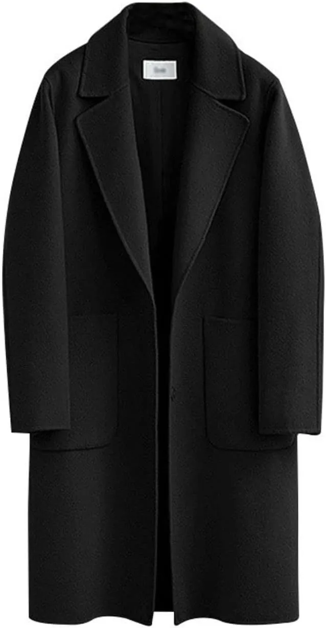 Kwoki Women's Long Wool Blend Pea Coat Casual Notch Lapel Single Breasted Trench Overcoat