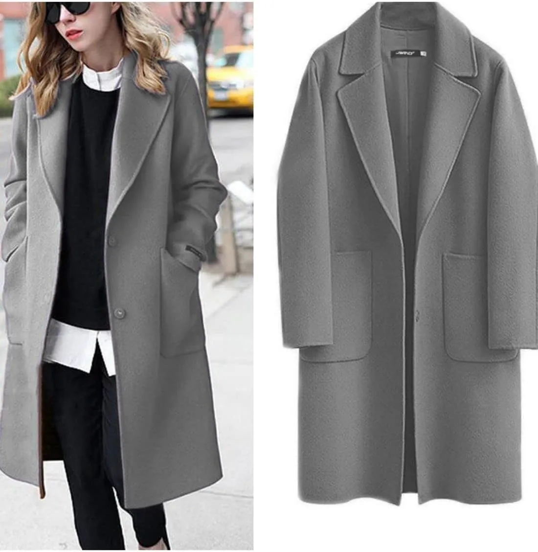 Kwoki Women's Long Wool Blend Pea Coat Casual Notch Lapel Single Breasted Trench Overcoat