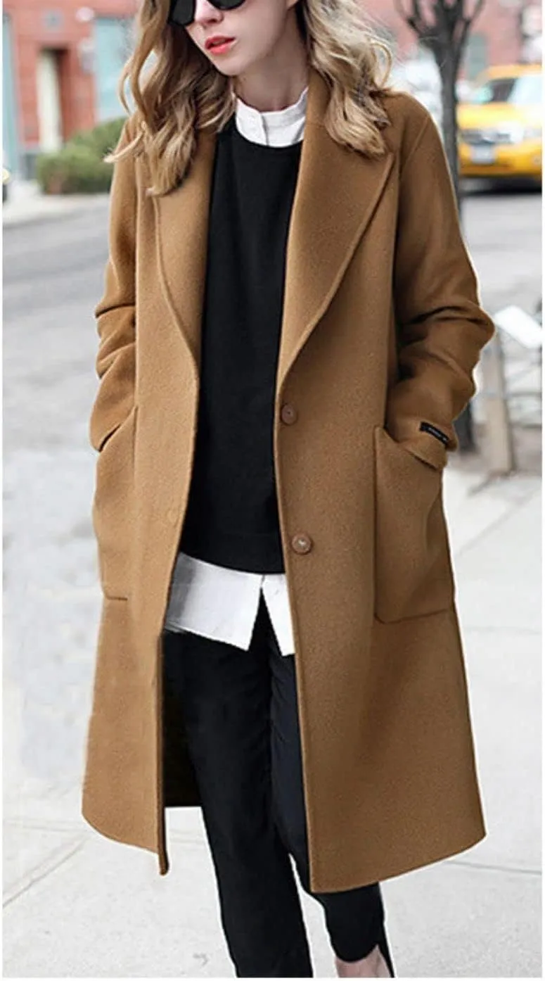 Kwoki Women's Long Wool Blend Pea Coat Casual Notch Lapel Single Breasted Trench Overcoat