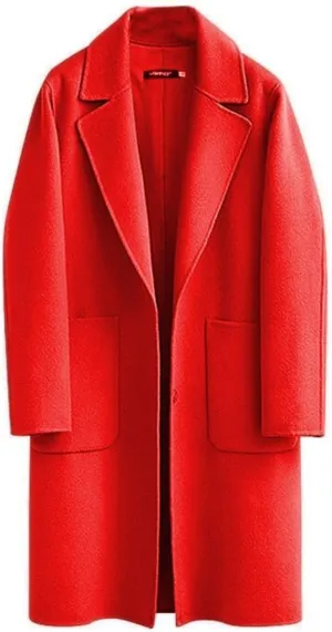 Kwoki Women's Long Wool Blend Pea Coat Casual Notch Lapel Single Breasted Trench Overcoat