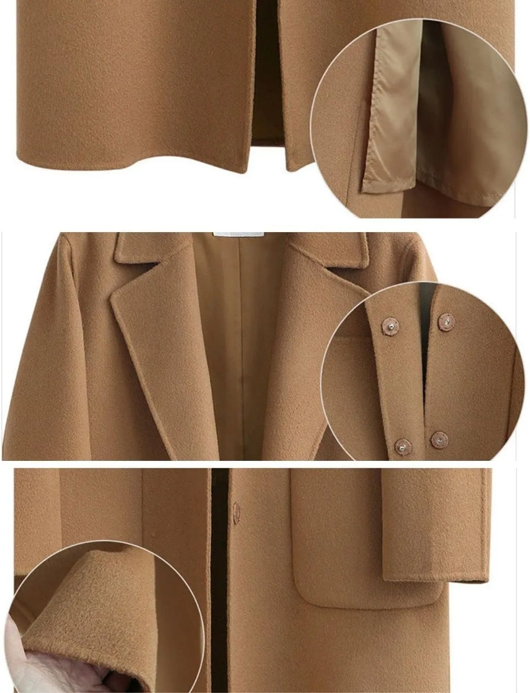 Kwoki Women's Long Wool Blend Pea Coat Casual Notch Lapel Single Breasted Trench Overcoat