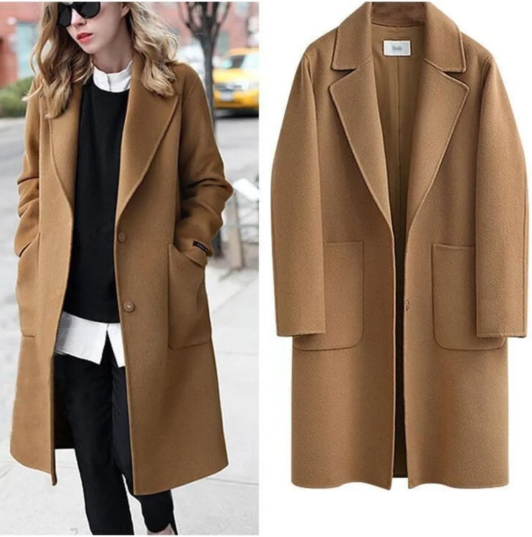 Kwoki Women's Long Wool Blend Pea Coat Casual Notch Lapel Single Breasted Trench Overcoat