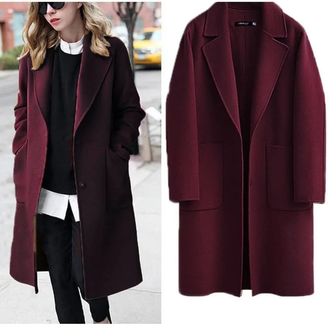 Kwoki Women's Long Wool Blend Pea Coat Casual Notch Lapel Single Breasted Trench Overcoat