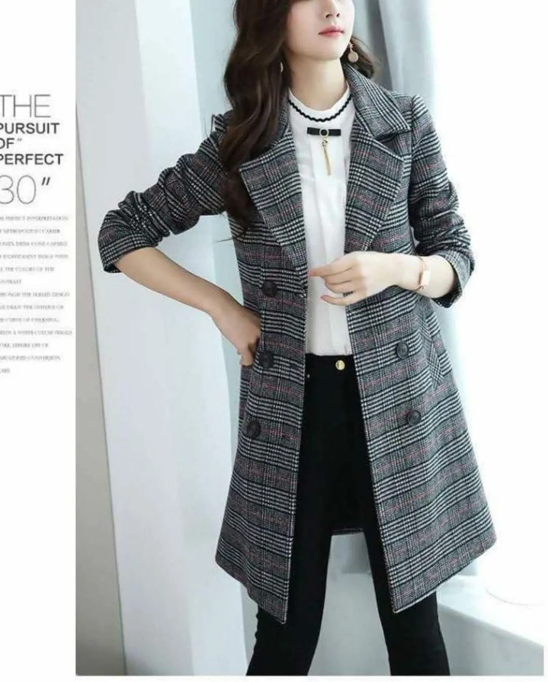 Kwoki Women's Mid Long Peacoat Double Breasted Notched Lapel Wool Blend Trench Coat Outerwear