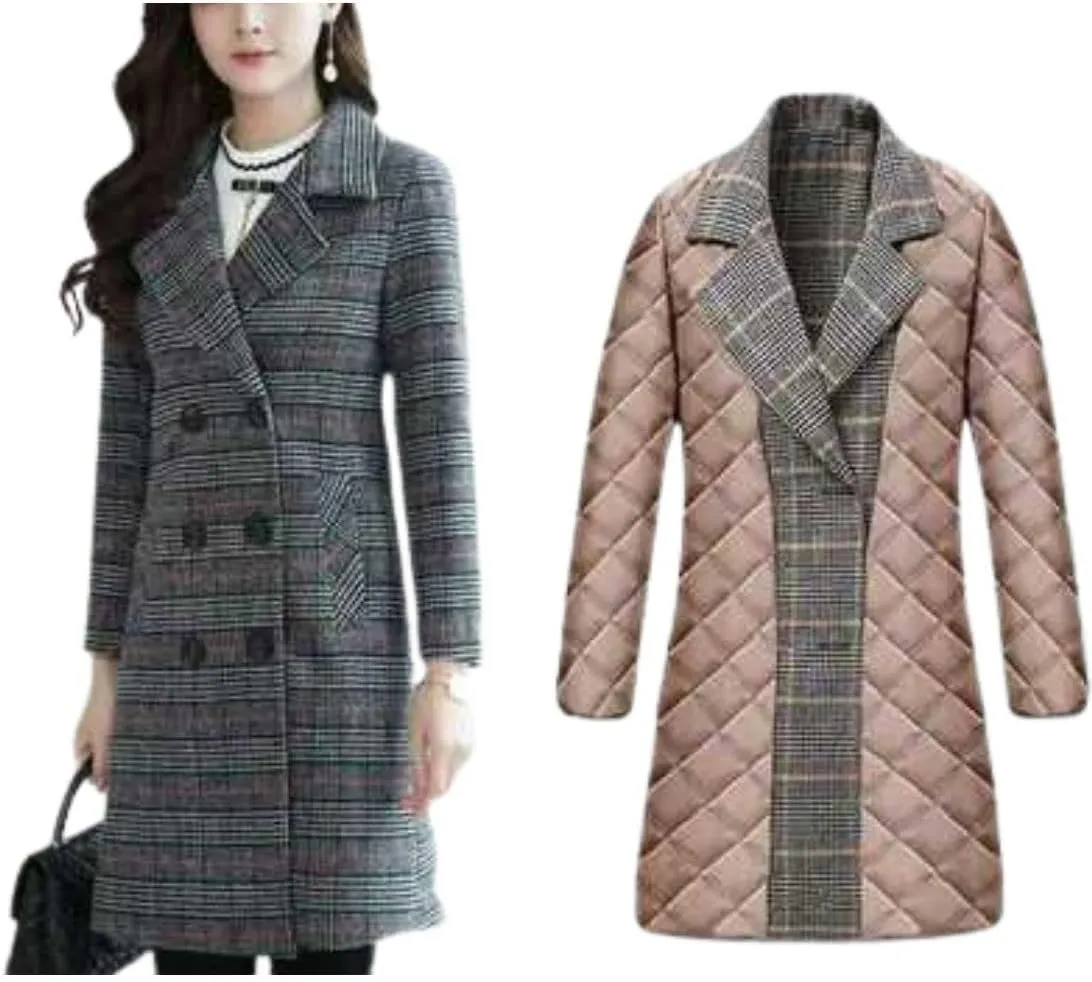 Kwoki Women's Mid Long Peacoat Double Breasted Notched Lapel Wool Blend Trench Coat Outerwear