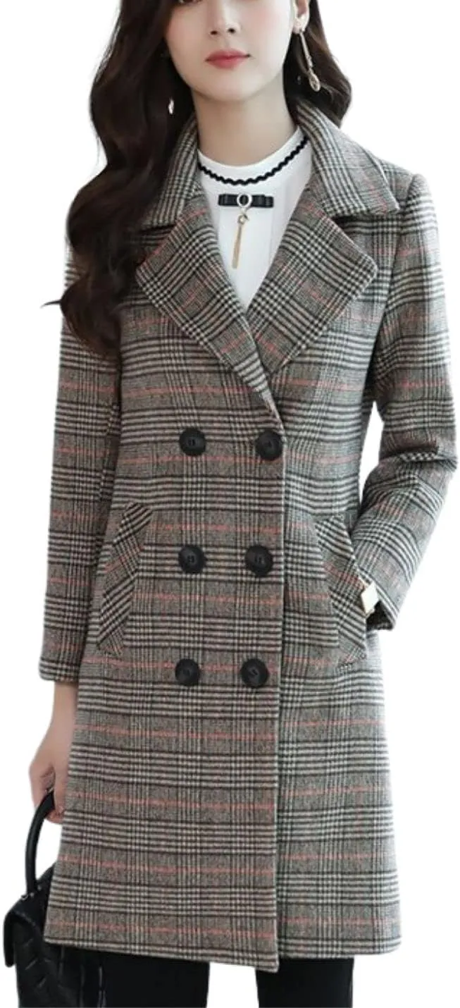 Kwoki Women's Mid Long Peacoat Double Breasted Notched Lapel Wool Blend Trench Coat Outerwear