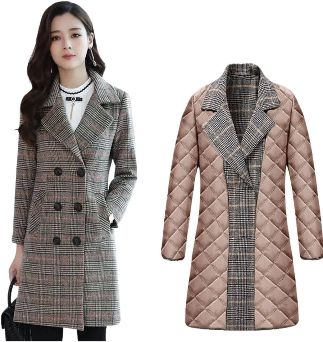 Kwoki Women's Mid Long Peacoat Double Breasted Notched Lapel Wool Blend Trench Coat Outerwear