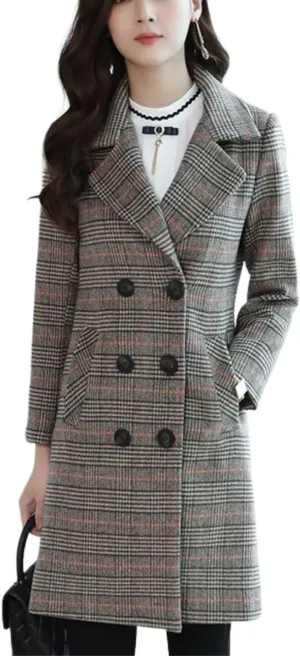 Kwoki Women's Mid Long Peacoat Double Breasted Notched Lapel Wool Blend Trench Coat Outerwear
