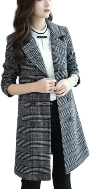 Kwoki Women's Mid Long Peacoat Double Breasted Notched Lapel Wool Blend Trench Coat Outerwear