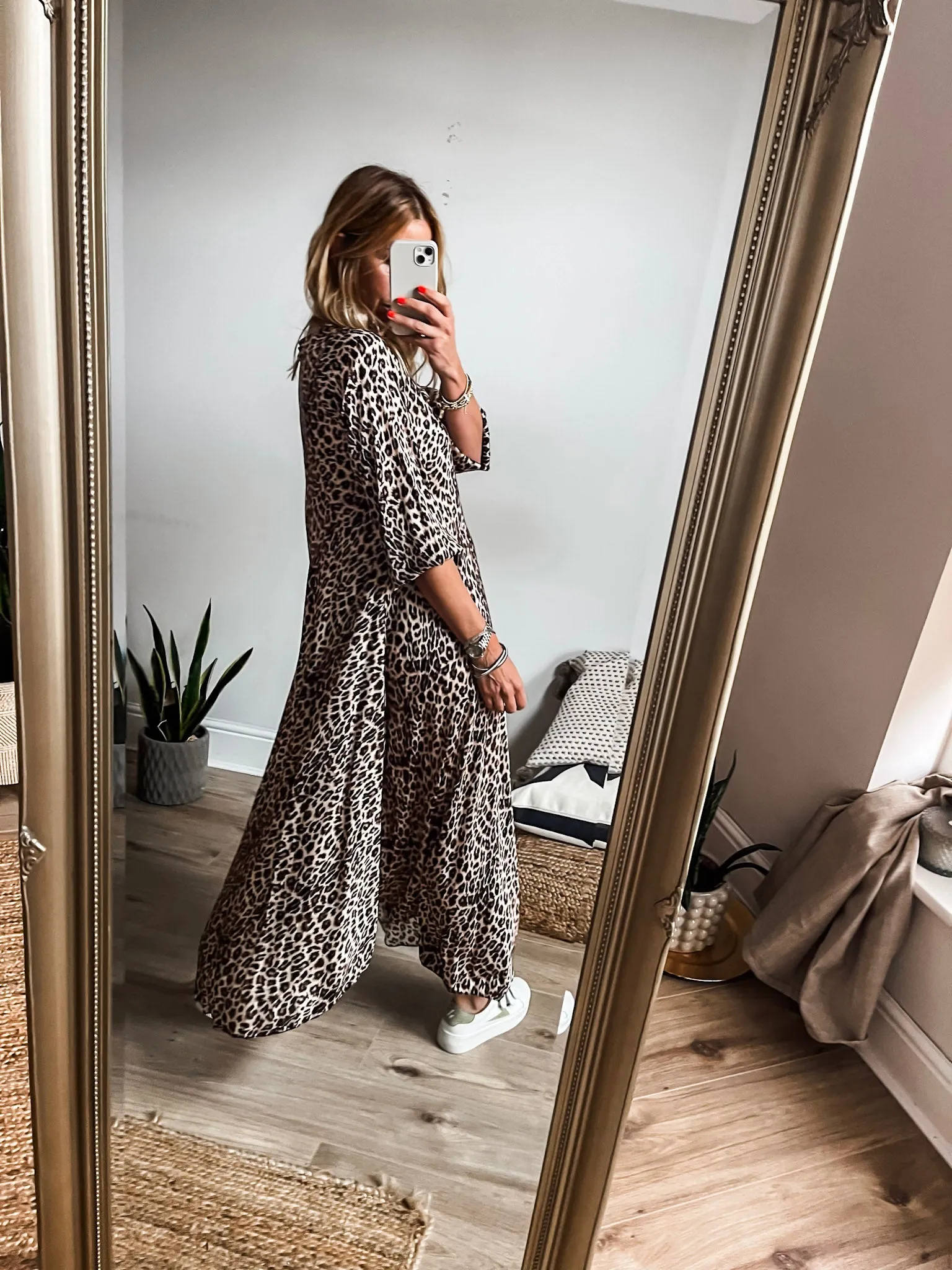 Leopard Satin Long Sleeve Maxi Dress