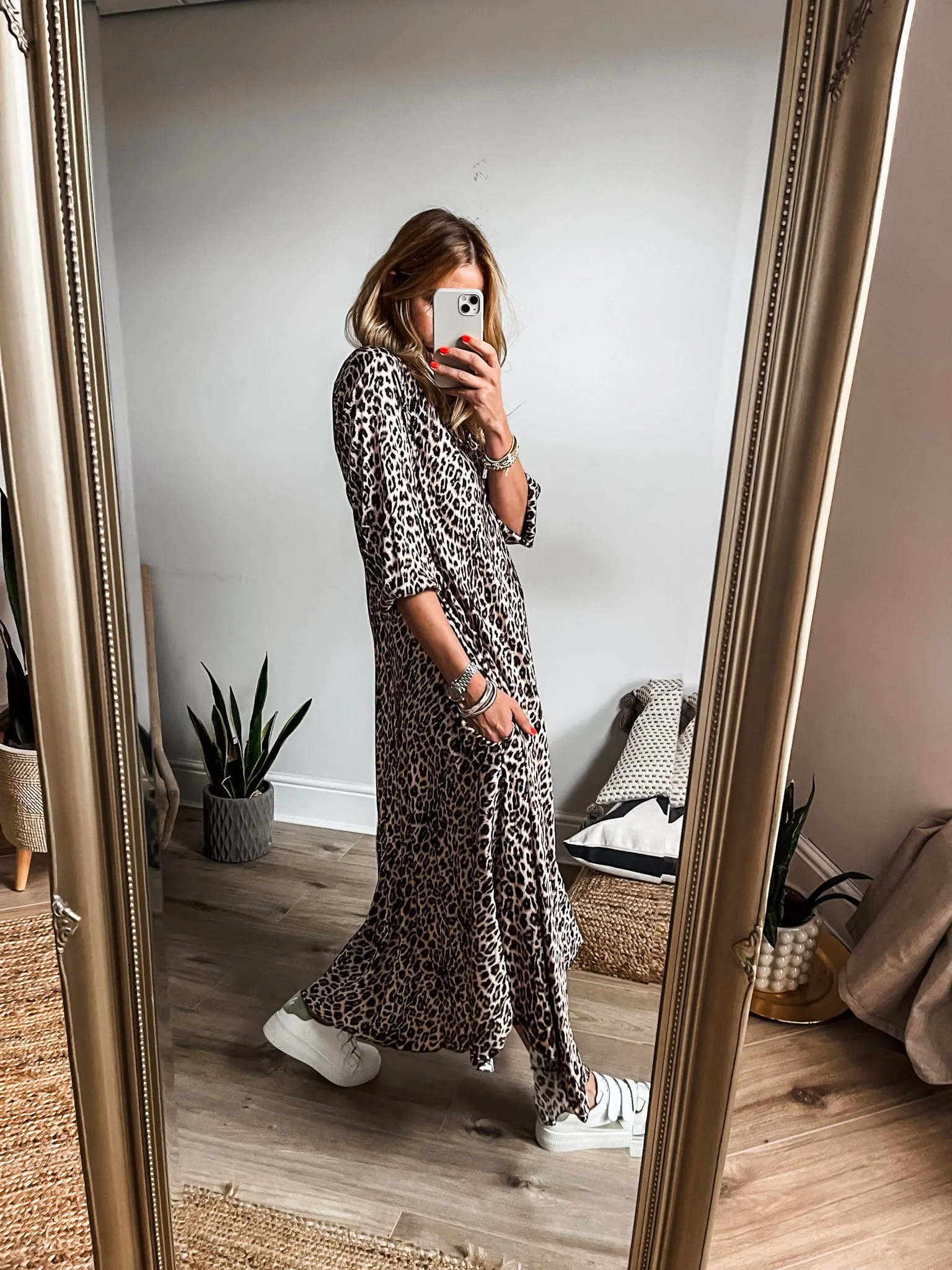 Leopard Satin Long Sleeve Maxi Dress