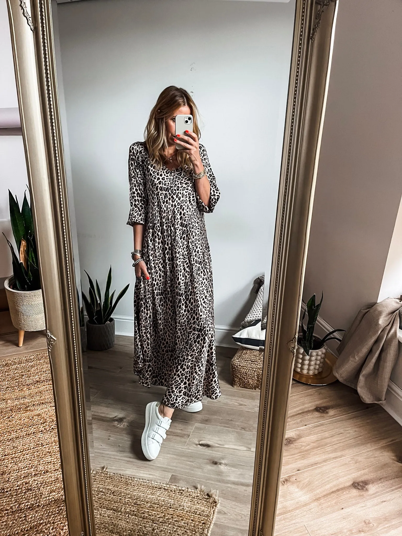 Leopard Satin Long Sleeve Maxi Dress