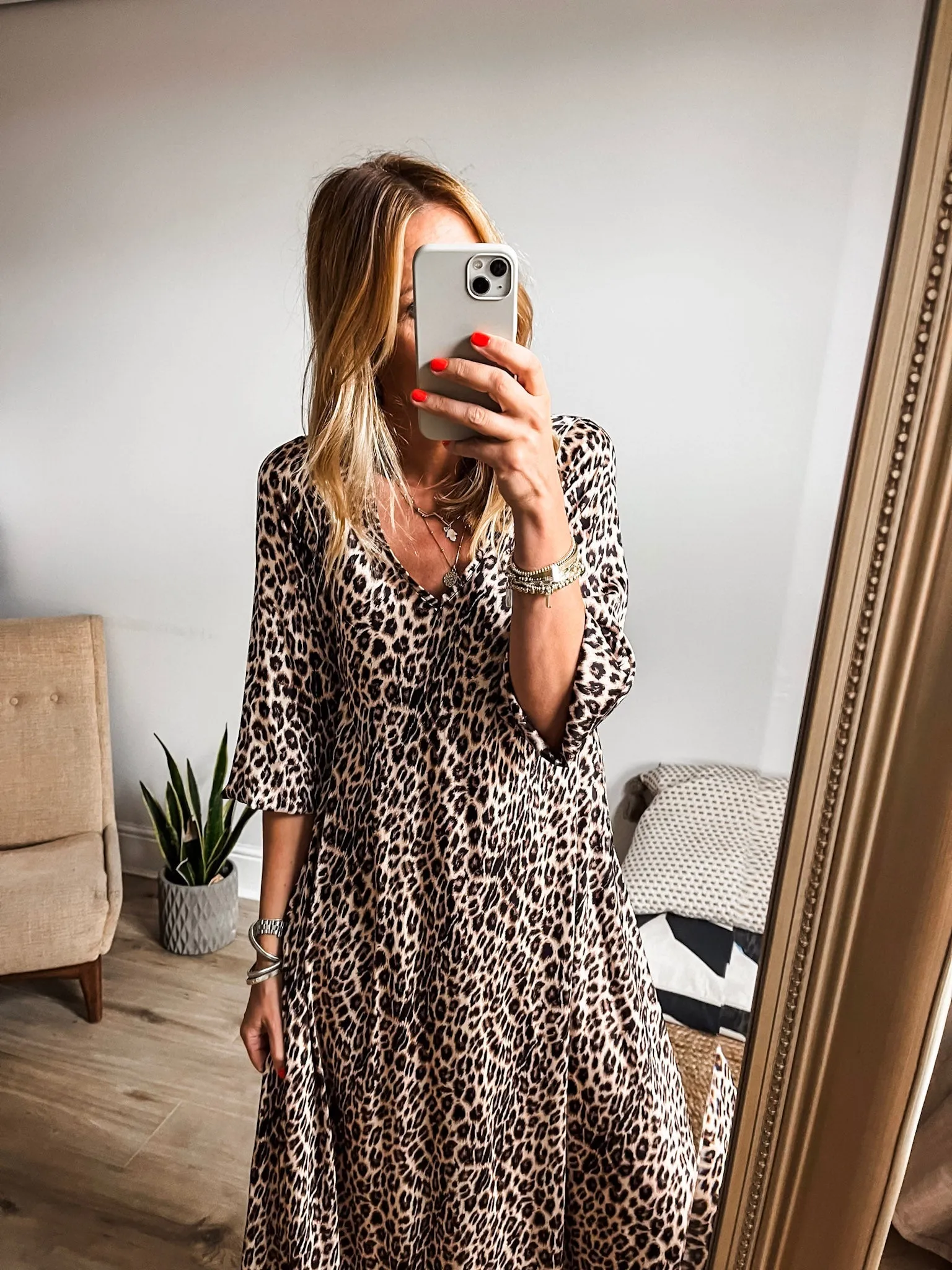 Leopard Satin Long Sleeve Maxi Dress