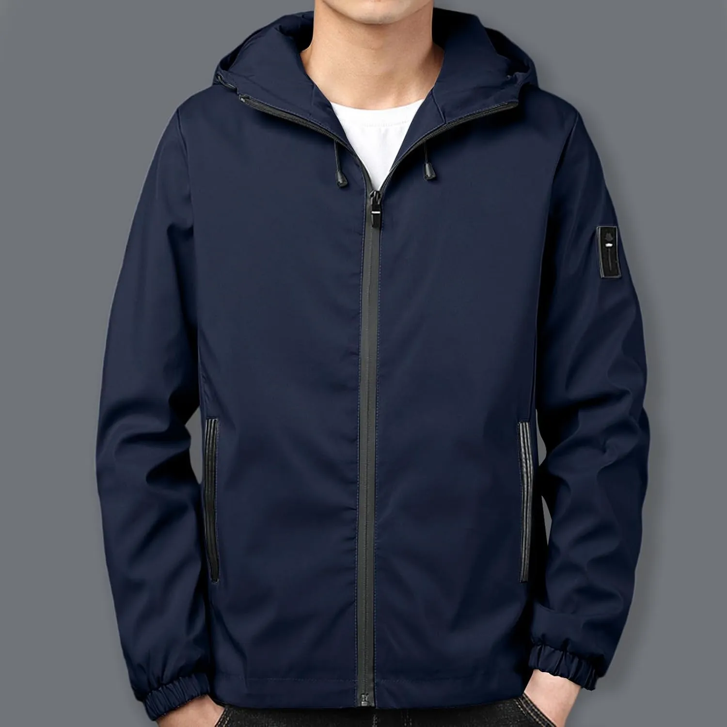 Lightweight Windbreaker for Men Full Zip Outdoor Jackets Hooded Casual Rain Jacket Raincoat with Zipper Pockets