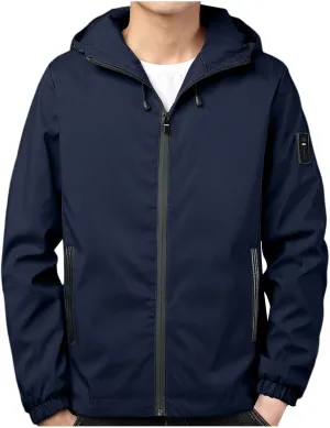 Lightweight Windbreaker for Men Full Zip Outdoor Jackets Hooded Casual Rain Jacket Raincoat with Zipper Pockets