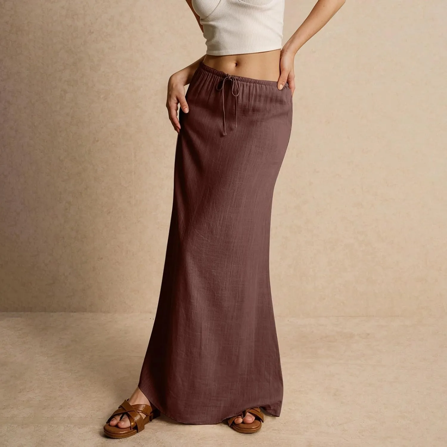 Linen Cotton Maxi Skirts for Women 2025 Summer Boho Beach Casul Vacation Drawstring Long Skirt