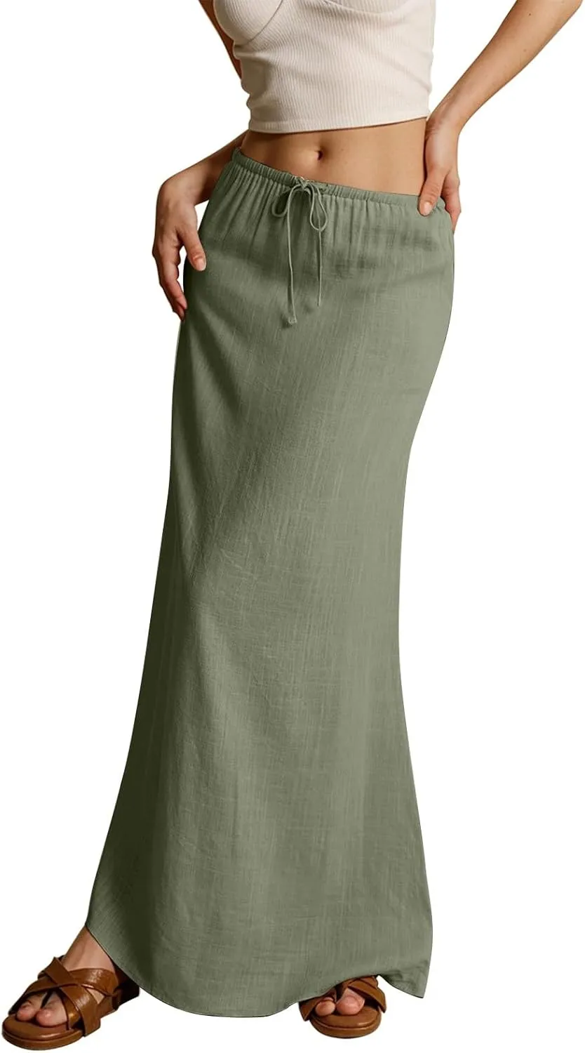 Linen Cotton Maxi Skirts for Women 2025 Summer Boho Beach Casul Vacation Drawstring Long Skirt