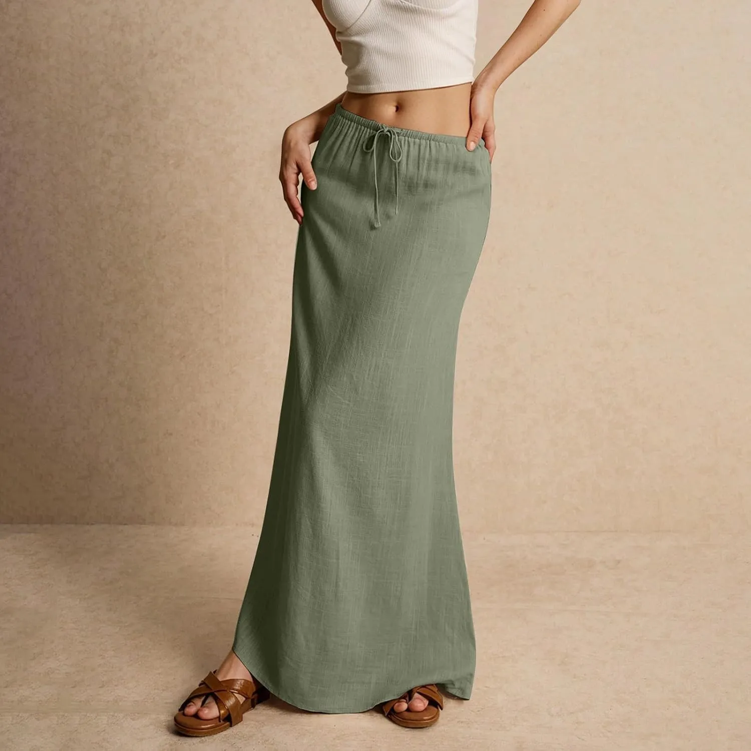 Linen Cotton Maxi Skirts for Women 2025 Summer Boho Beach Casul Vacation Drawstring Long Skirt