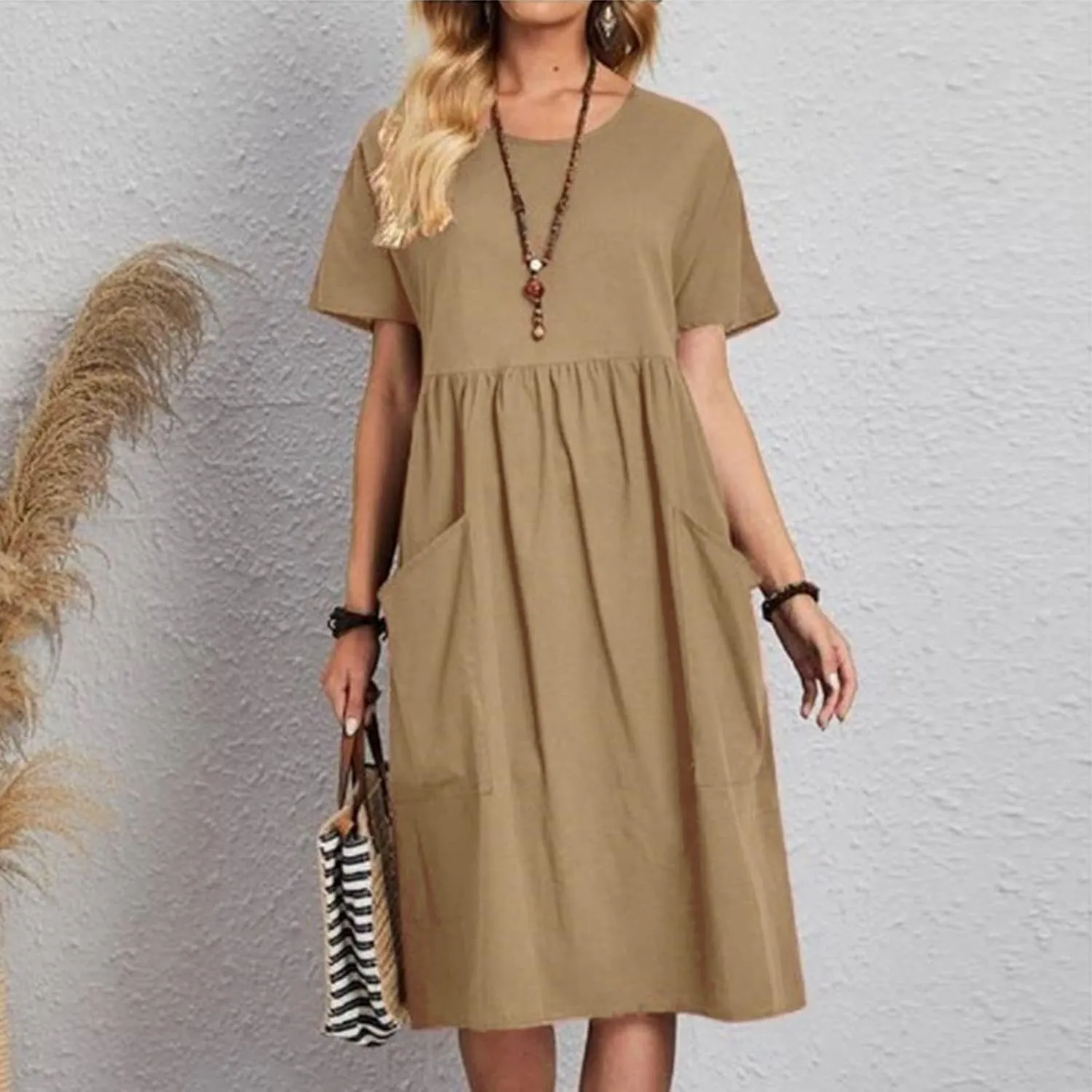 Linen Dress Women Crewneck Short Sleeve Casual Summer Dress with Pockets Pleated Plain Loose Plus Size Midi Dresses