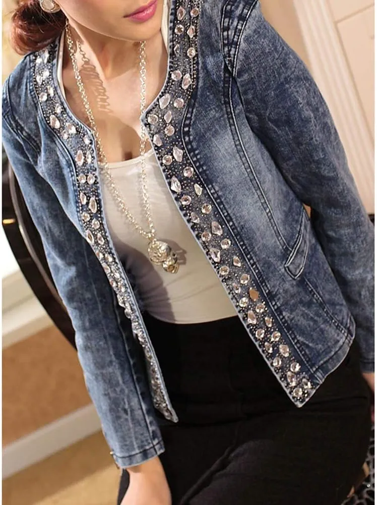 LoVnely Women's Faux Diamond Glitter Sequins Vintage Wash Cardigan Denim Jacket Short Crop Jeans Coat