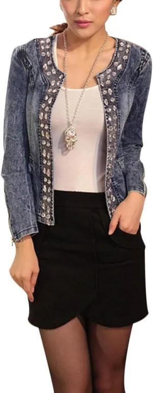 LoVnely Women's Faux Diamond Glitter Sequins Vintage Wash Cardigan Denim Jacket Short Crop Jeans Coat
