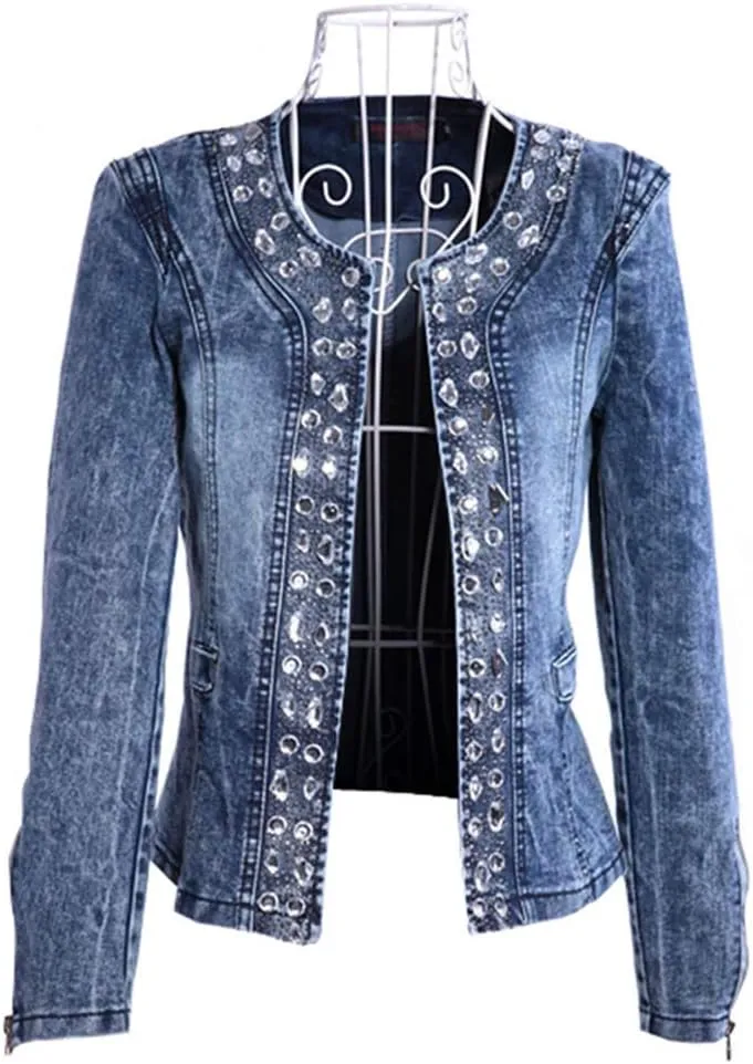 LoVnely Women's Faux Diamond Glitter Sequins Vintage Wash Cardigan Denim Jacket Short Crop Jeans Coat