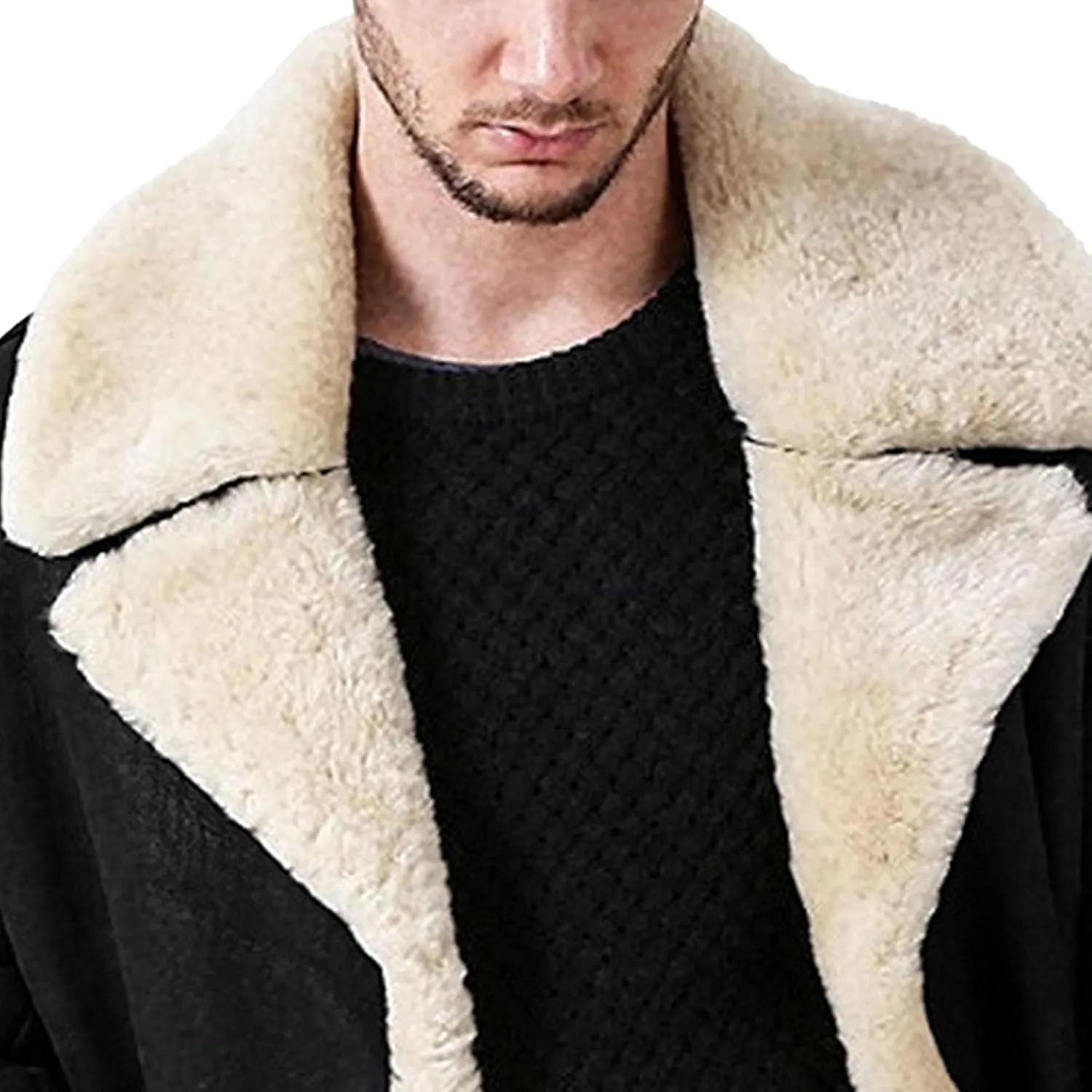 Maiyifu-GJ Men's Fleece Lined PU Leather Jacket Faux Fur Lapel Collar Trench Coat Heavyweight Warm Winter Thicken Overcoat