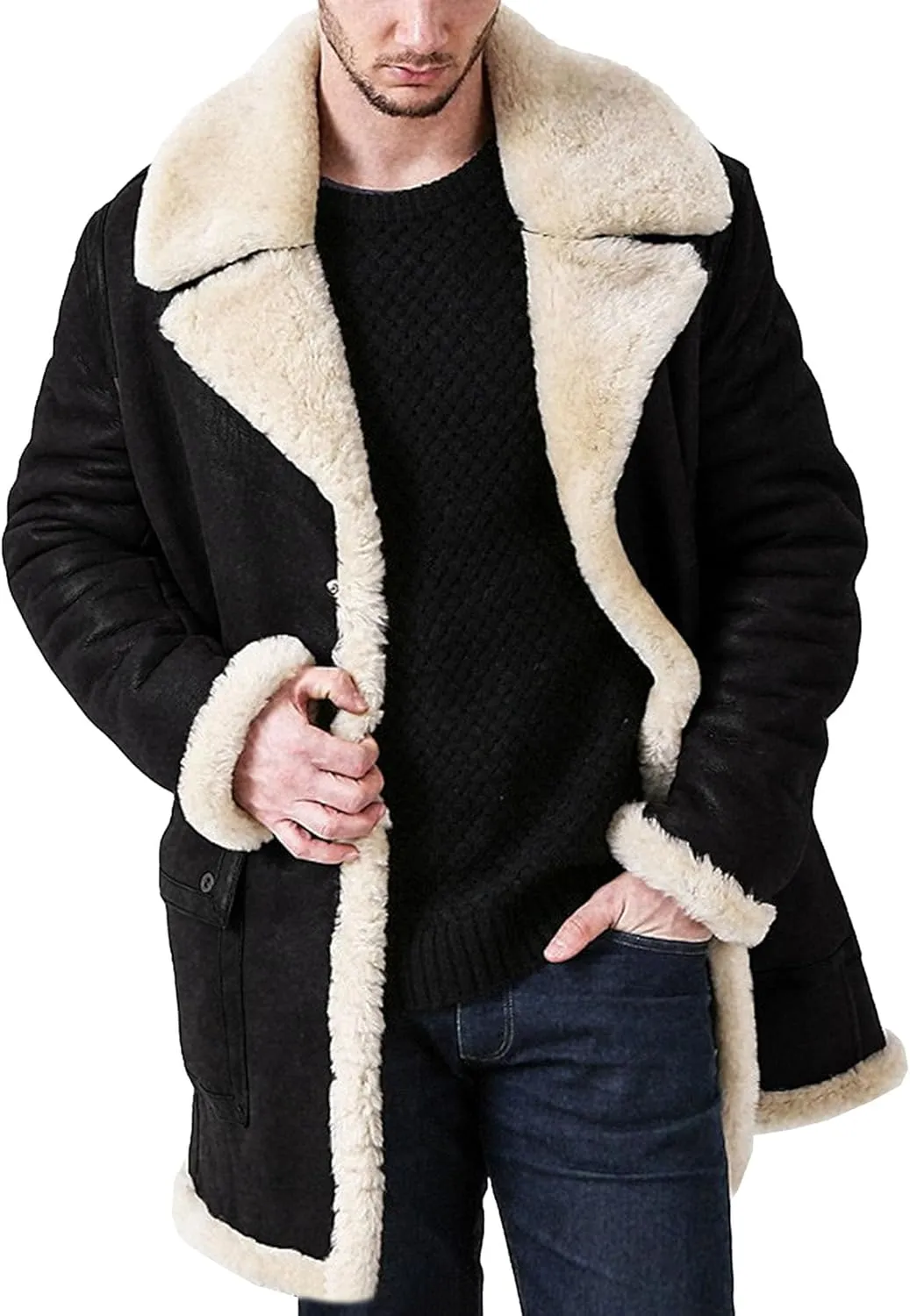 Maiyifu-GJ Men's Fleece Lined PU Leather Jacket Faux Fur Lapel Collar Trench Coat Heavyweight Warm Winter Thicken Overcoat