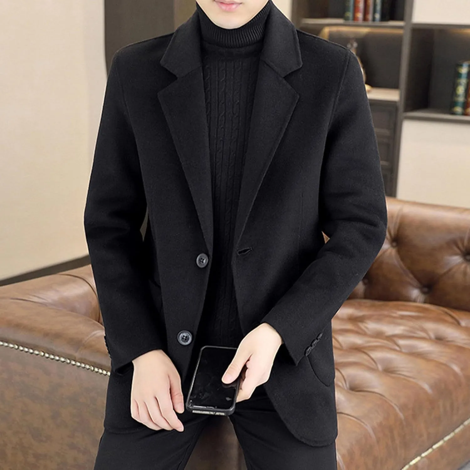 Maiyifu-GJ Men's Regular fit Business Wool Blend Coat Spring Fall Slim Fit Trench Overcoat Coats Notched Lapel Overcoat